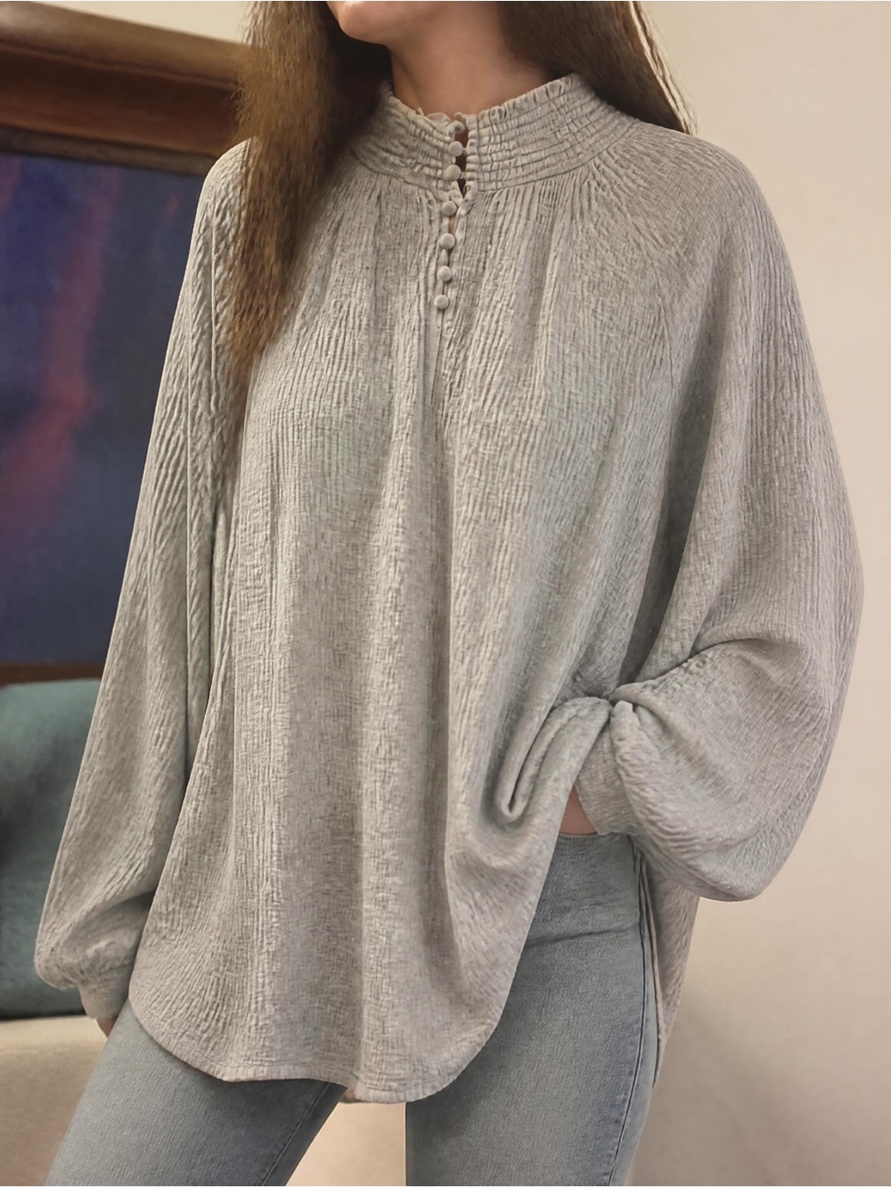 Free People Heather Gray Textured Button-Up Tunic